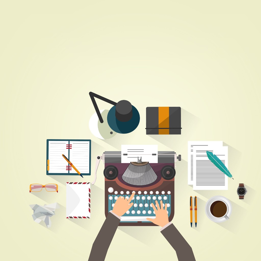 Dessin d'une vue de dessus sur deux mains qui tapent à la machine à écrire. Illustration Rédaction web seo