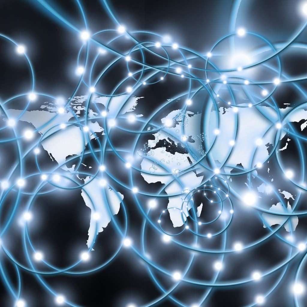 Dessin d'une carte du monde avec connexions et réseaux.